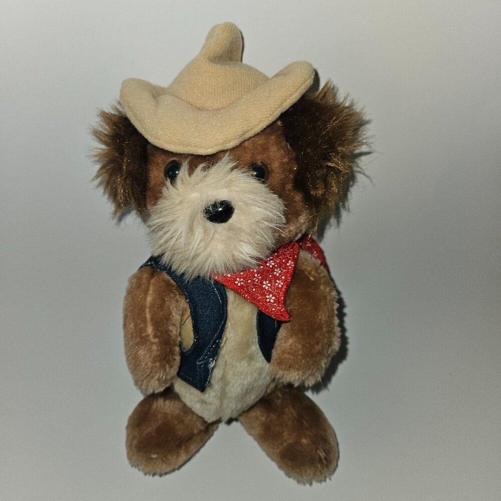 VTG 1981 Dakin Brown Dog Cowboy Plush 11" Stuffed Animal Denim Vest Red Bandana
